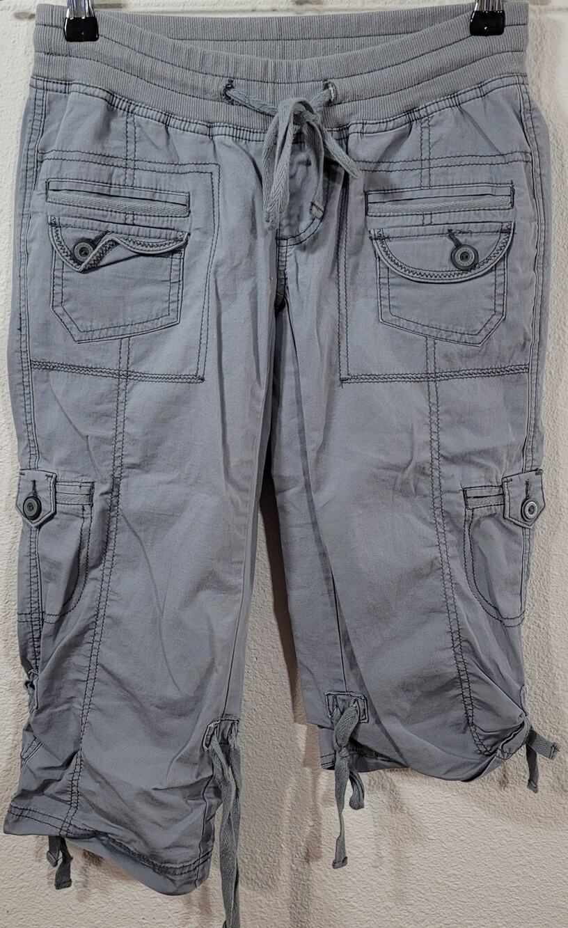 Decree Gray Drawstring Waist Capri Pants 0 Roll Tab Tie Legs Pockets Lightweight